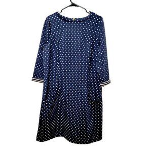 Boden Dress 14R Polka Dot Quilted 3/4 Sleeve Classic Stretch Pockets Knit Blue